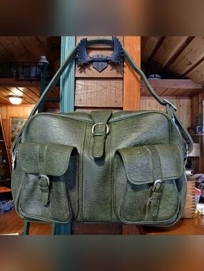 Vintage Green Vinyl Faux Leather Messenger Carry All Bag with Front Pockets